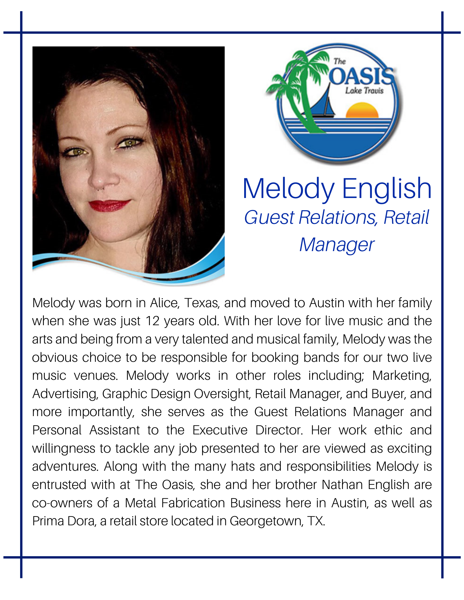 Guest Relations, Retail Manger Melody English